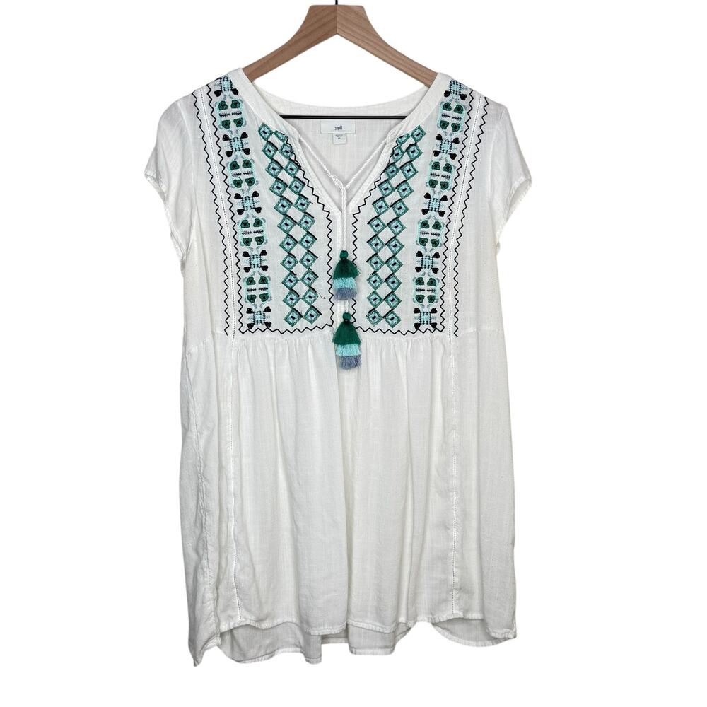 J‎ Jill M White Embroidered Tassel Tunic Boho Peasant Top Cotton Gauze Coastal